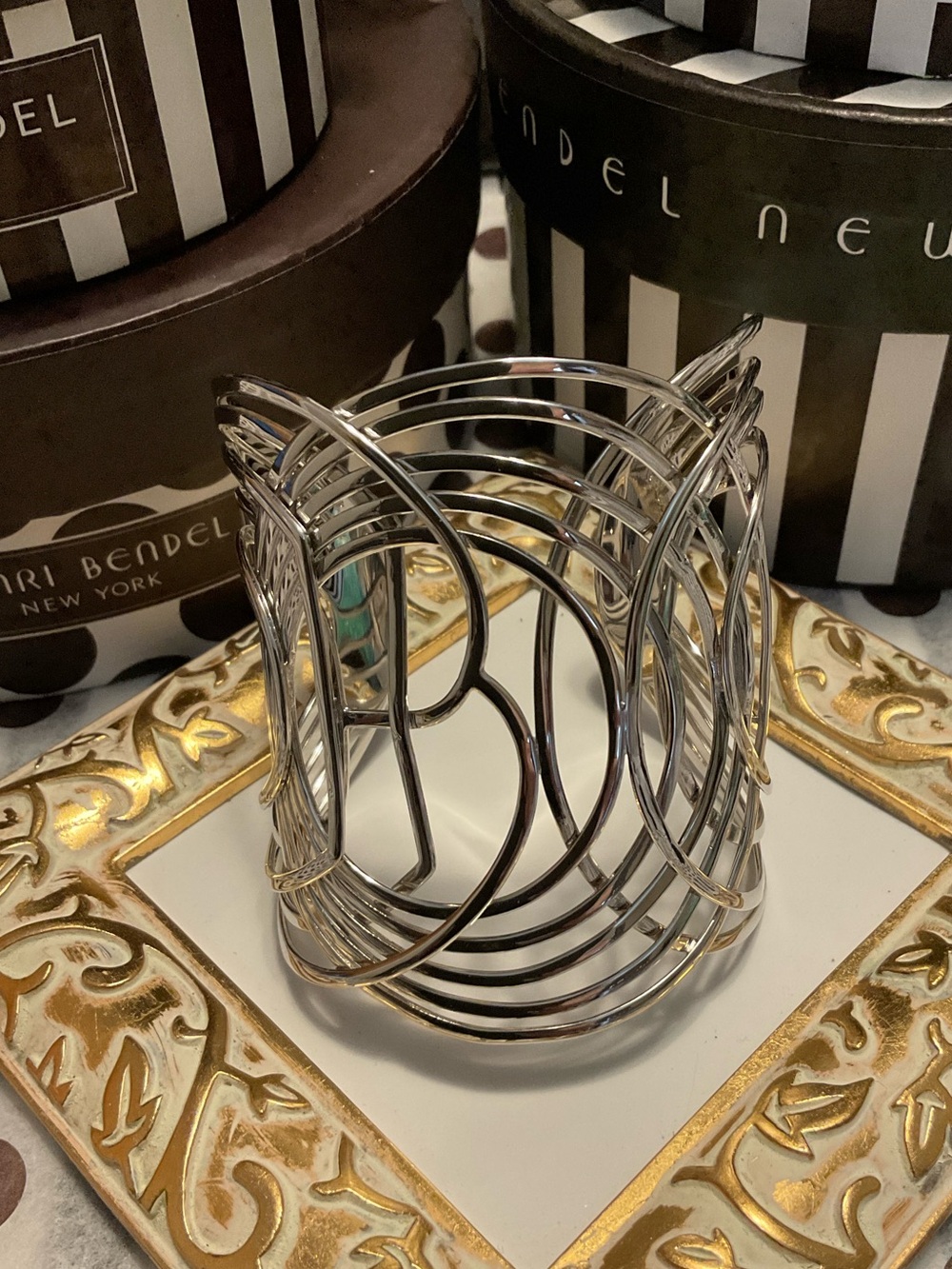 Henri Bendel Signature HB Monogram Open Work Silver Cage Cuff Bracelet